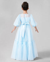 Baby Blue Satin Tulle A-line Girls Formal Dress Back View