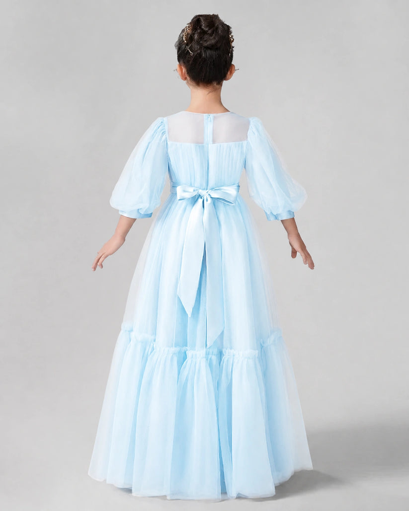 Baby Blue Satin Tulle A-line Girls Formal Dress Back View