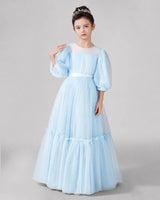 Baby Blue Satin Tulle A-line Girls Formal Dress Front View