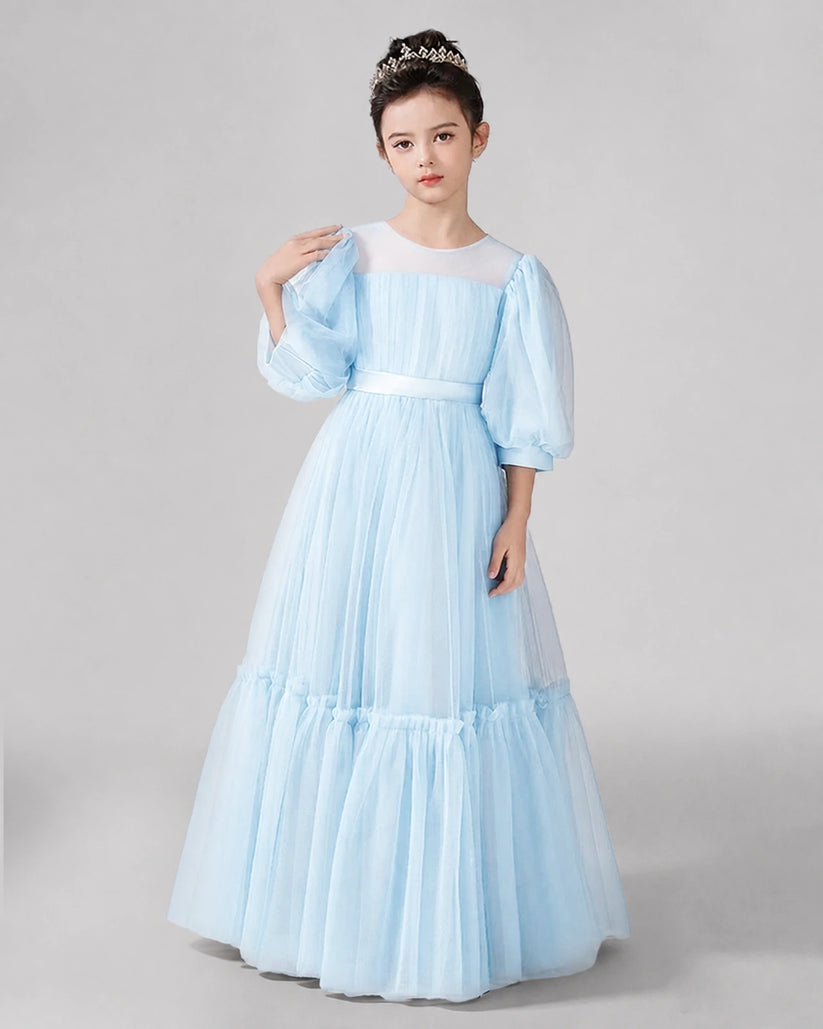 Baby Blue Satin Tulle A-line Girls Formal Dress Front View