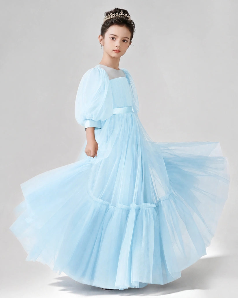 Baby Blue Satin Tulle A-line Girls Formal Dress Side View