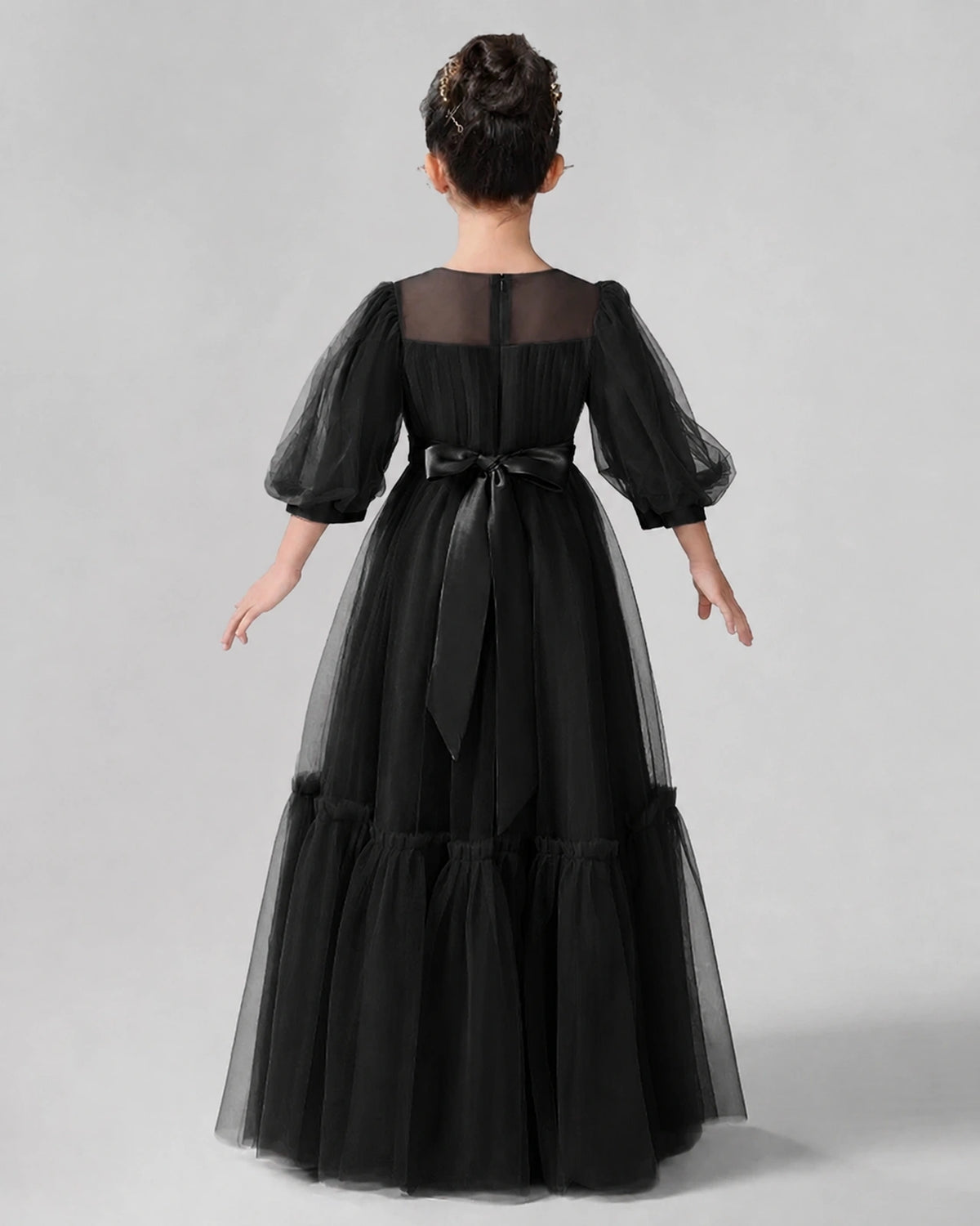 Black Satin Tulle A-line Girls Formal Dress Back View