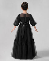 Black Satin Tulle A-line Girls Formal Dress Back View