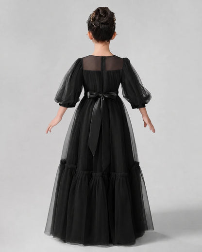 Black Satin Tulle A-line Girls Formal Dress Back View