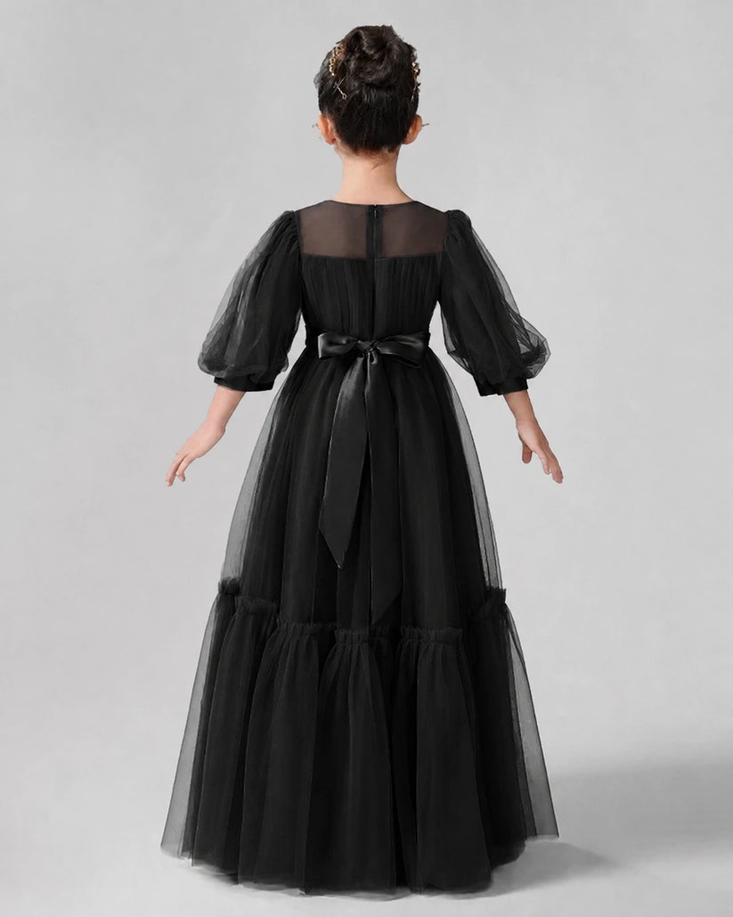 Black Satin Tulle A-line Girls Formal Dress Back View