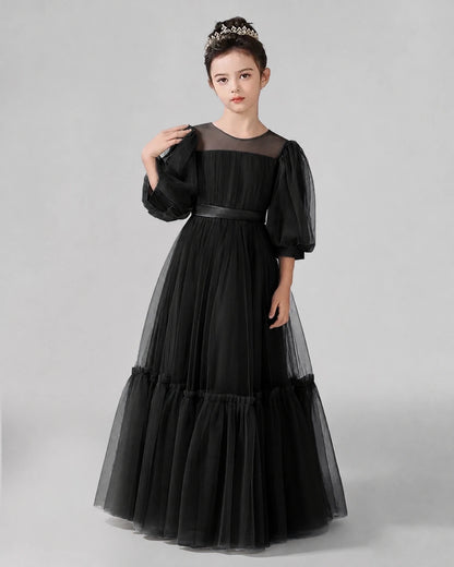 Black Satin Tulle A-line Girls Formal Dress Front View