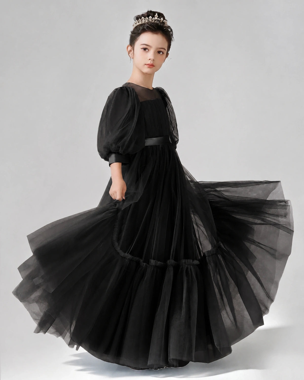 Black Satin Tulle A-line Girls Formal Dress Side View