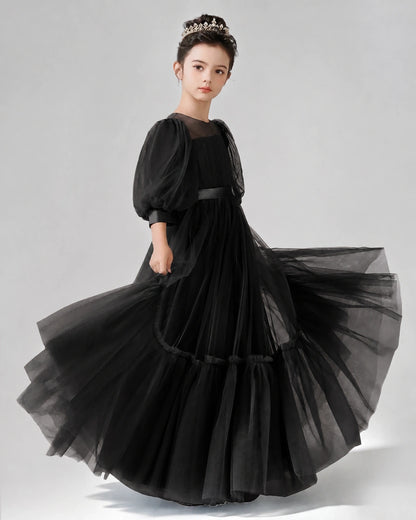 Black Satin Tulle A-line Girls Formal Dress Side View