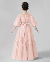 Blush Pink Satin Tulle A-line Girls Formal Dress Back View