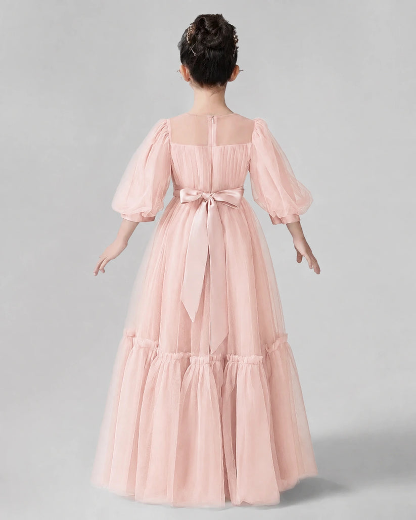 Blush Pink Satin Tulle A-line Girls Formal Dress Back View