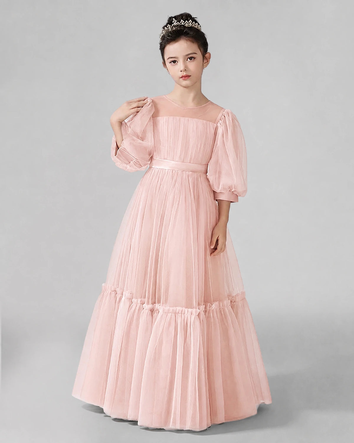 Blush Pink Satin Tulle A-line Girls Formal Dress Front View