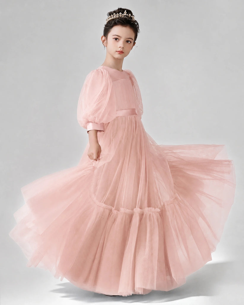Blush Pink Satin Tulle A-line Girls Formal Dress Side View