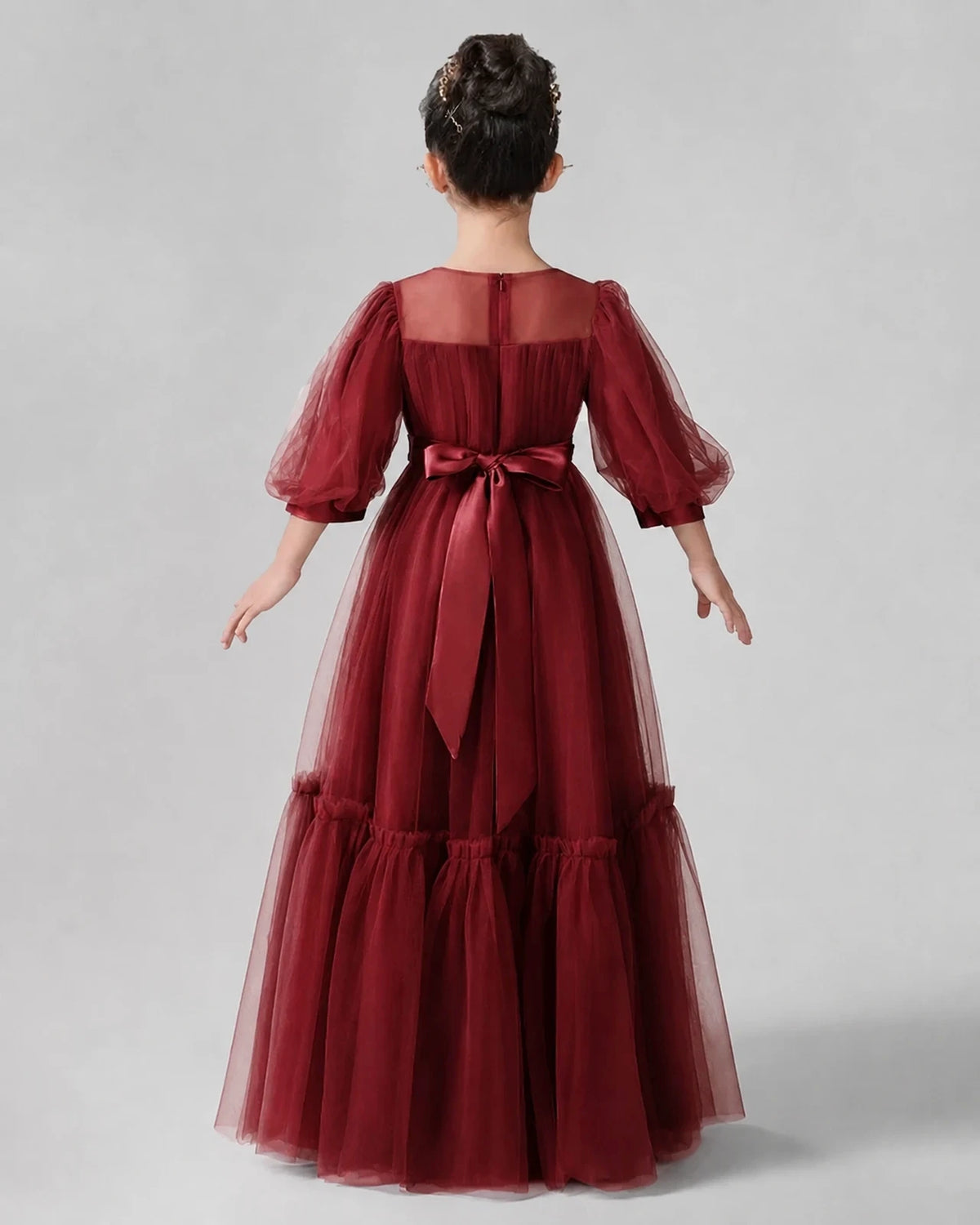 Burgundy Satin Tulle A-line Girls Formal Dress Back View