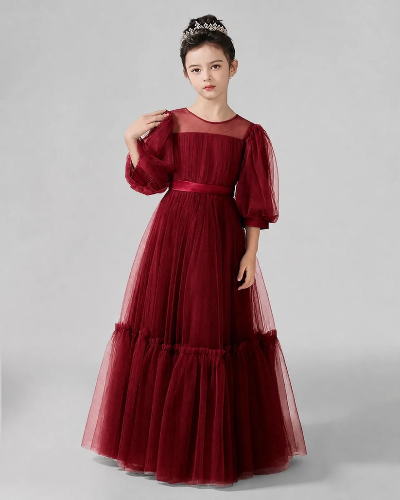 Burgundy Satin Tulle A-line Girls Formal Dress Front View
