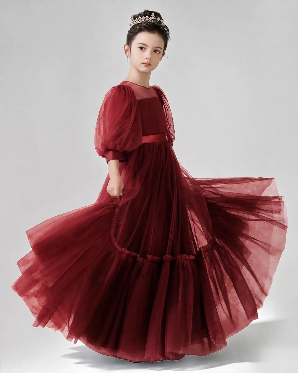 Burgundy Satin Tulle A-line Girls Formal Dress Side View