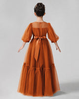 Burnt Orange Satin Tulle A-line Girls Formal Dress Back View