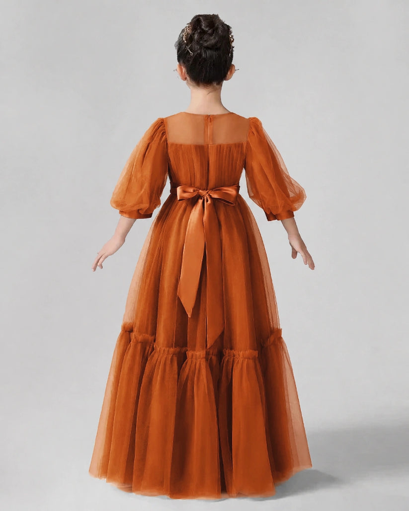 Burnt Orange Satin Tulle A-line Girls Formal Dress Back View