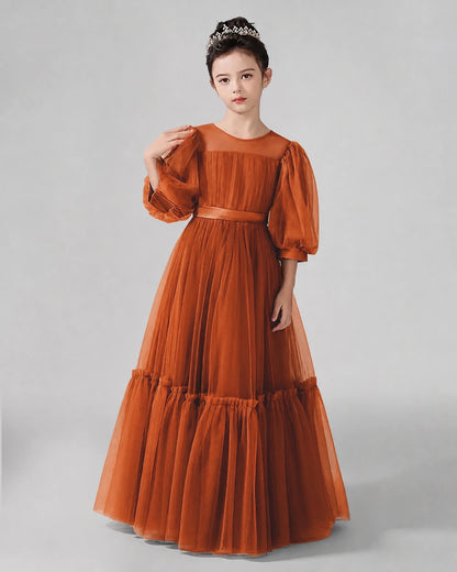 Burnt Orange Satin Tulle A-line Girls Formal Dress Front View