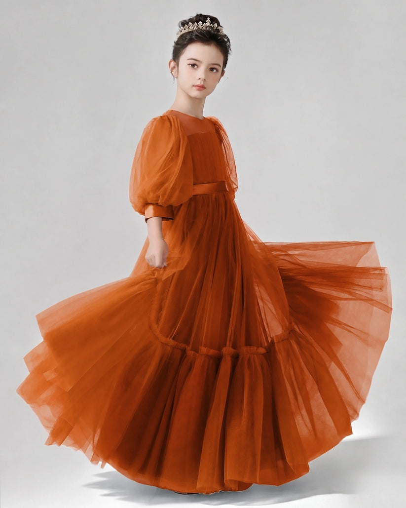Burnt Orange Satin Tulle A-line Girls Formal Dress Side View