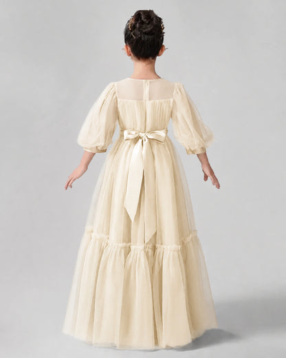 Champagne Satin Tulle A-line Girls Formal Dress Back View
