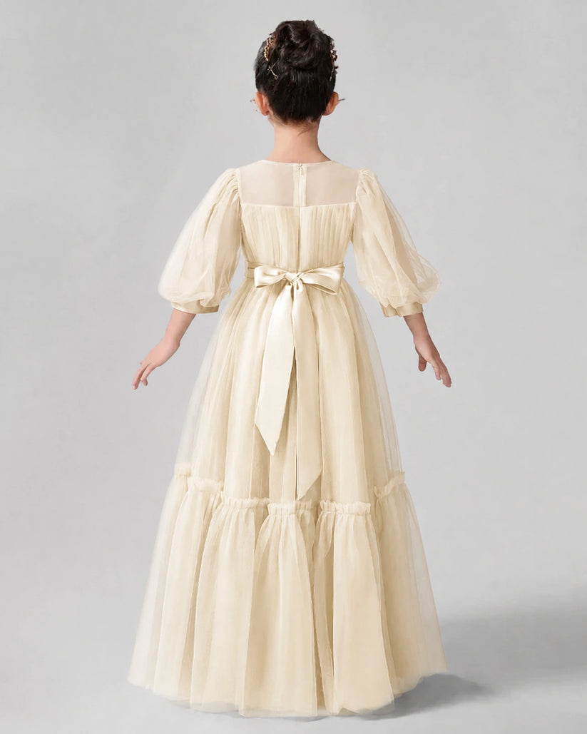 Champagne Satin Tulle A-line Girls Formal Dress Back View