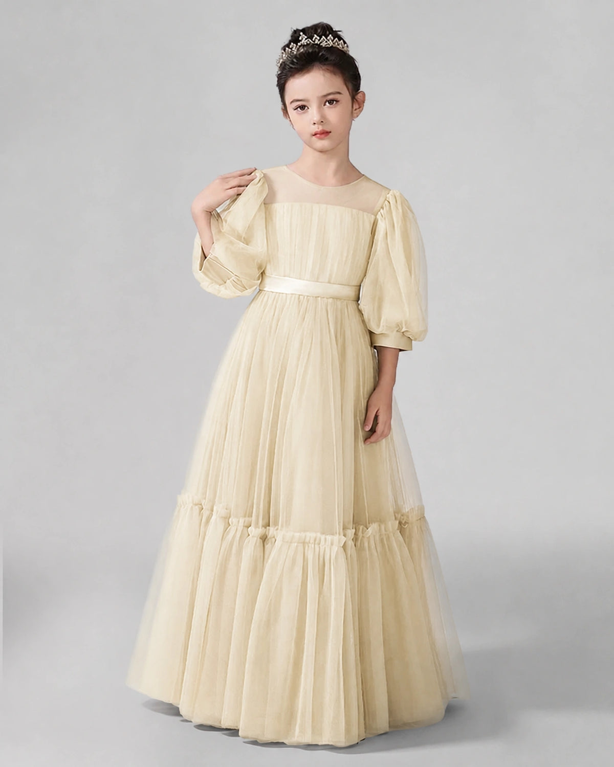 Champagne Satin Tulle A-line Girls Formal Dress Front View