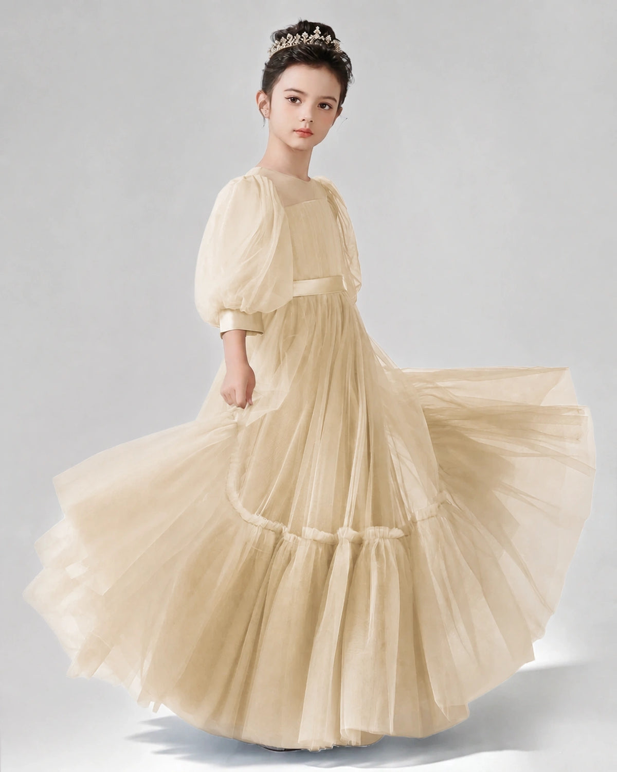 Champagne Satin Tulle A-line Girls Formal Dress Side View