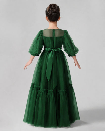 Dark Green Satin Tulle A-line Girls Formal Dress Back View