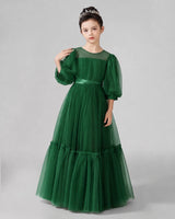 Dark Green Satin Tulle A-line Girls Formal Dress Front View