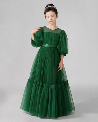 Dark Green Satin Tulle A-line Girls Formal Dress Front View