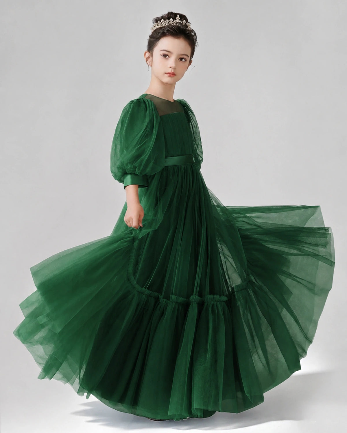 Dark Green Satin Tulle A-line Girls Formal Dress Side View