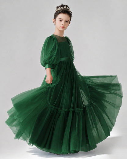 Dark Green Satin Tulle A-line Girls Formal Dress Side View