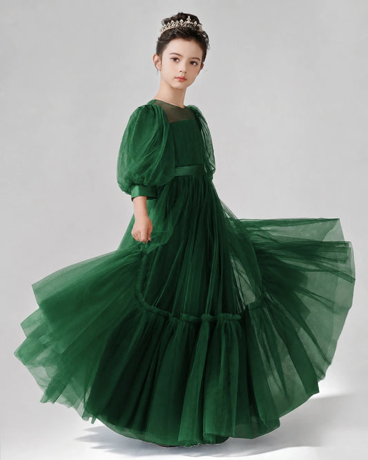 Dark Green Satin Tulle A-line Girls Formal Dress Side View
