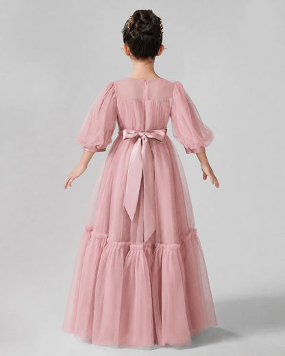Dusty Rose Satin Tulle A-line Girls Formal Dress Back View