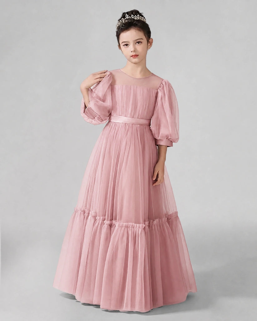 Dusty Rose Satin Tulle A-line Girls Formal Dress Front View
