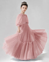Dusty Rose Satin Tulle A-line Girls Formal Dress Side View