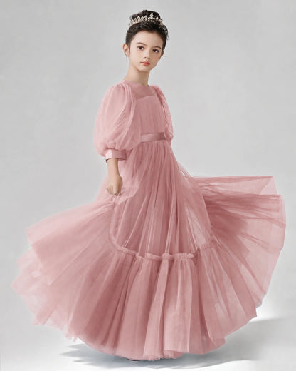 Dusty Rose Satin Tulle A-line Girls Formal Dress Side View