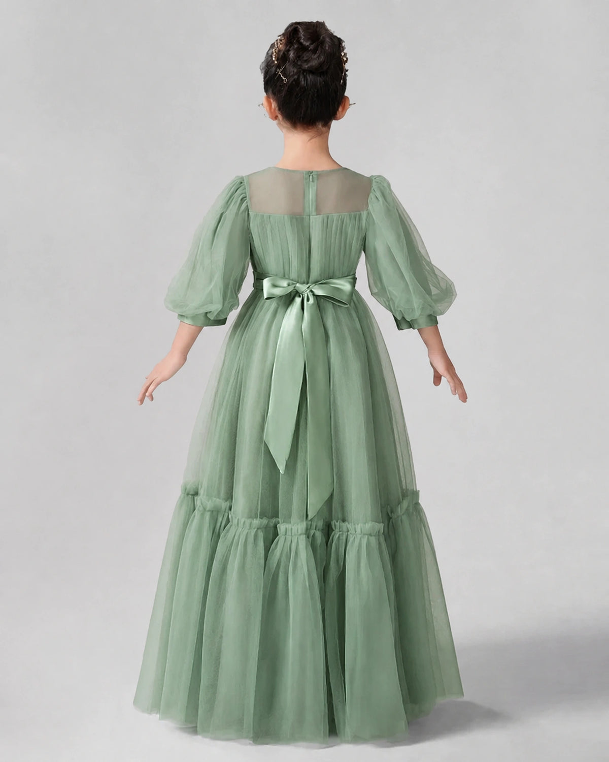Eucalyptus Satin Tulle A-line Girls Formal Dress Back View