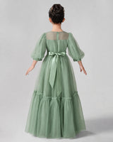 Eucalyptus Satin Tulle A-line Girls Formal Dress Back View