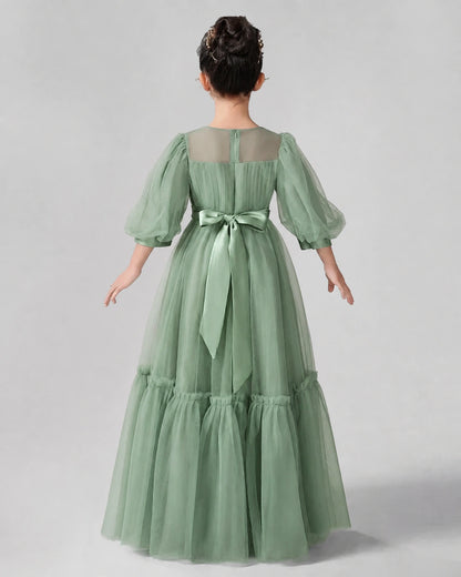 Eucalyptus Satin Tulle A-line Girls Formal Dress Back View