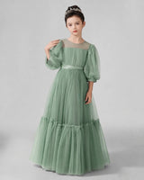 Eucalyptus Satin Tulle A-line Girls Formal Dress Front View