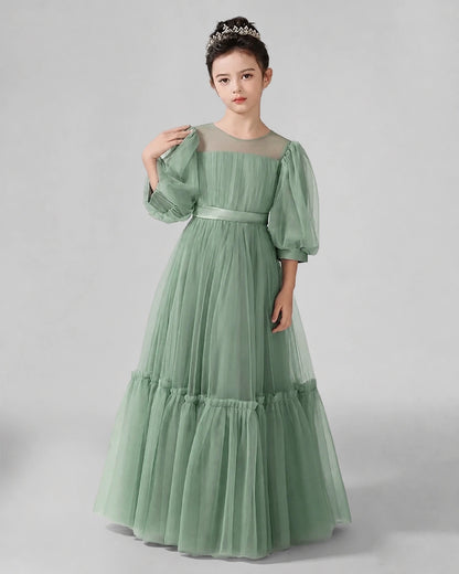 Eucalyptus Satin Tulle A-line Girls Formal Dress Front View