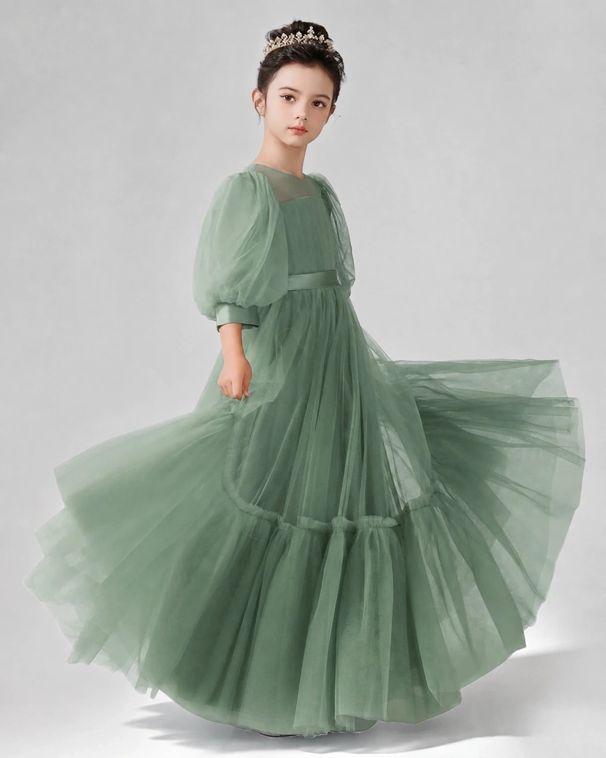 Eucalyptus Satin Tulle A-line Girls Formal Dress Side View
