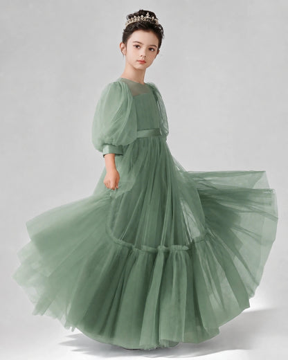 Eucalyptus Satin Tulle A-line Girls Formal Dress Side View