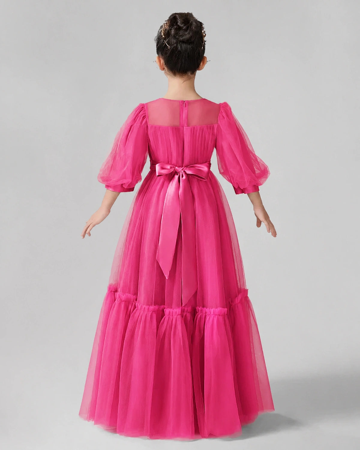 Hot Pink Satin Tulle A-line Girls Formal Dress Back View