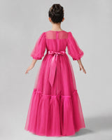 Hot Pink Satin Tulle A-line Girls Formal Dress Back View