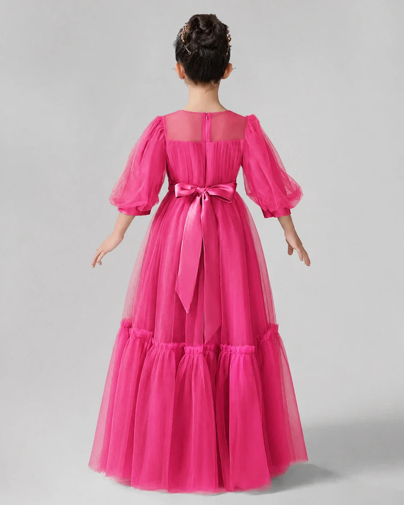 Hot Pink Satin Tulle A-line Girls Formal Dress Back View