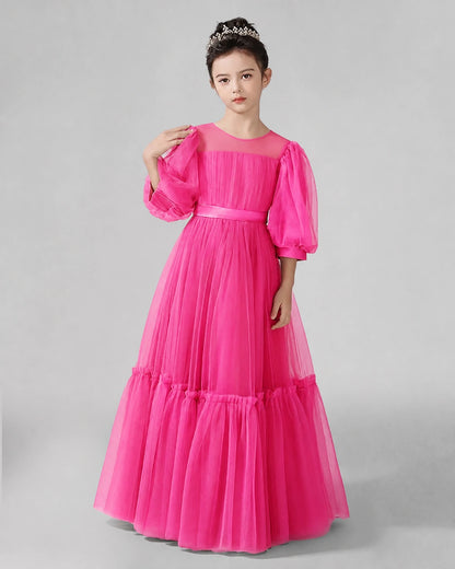Hot Pink Satin Tulle A-line Girls Formal Dress Front View
