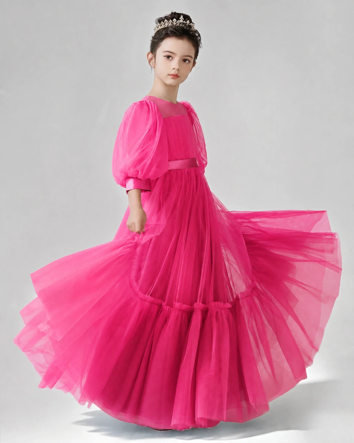 Hot Pink Satin Tulle A-line Girls Formal Dress Side View