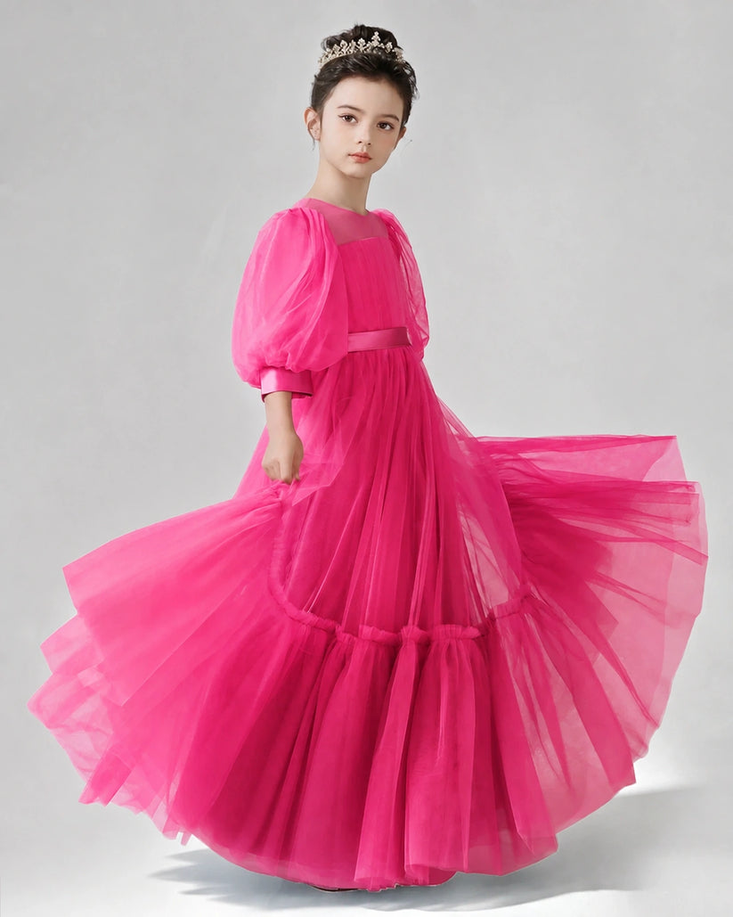Hot Pink Satin Tulle A-line Girls Formal Dress Side View